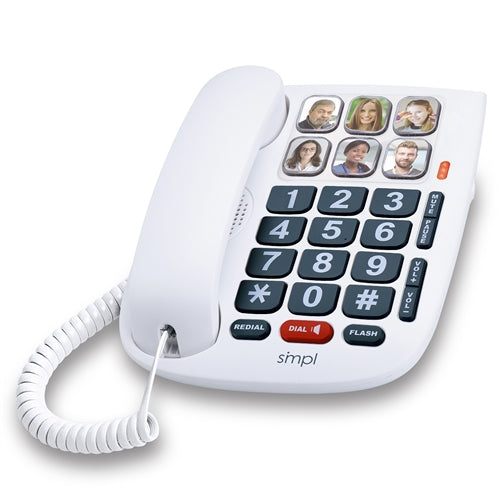White phone with large buttons and photo display on a white background